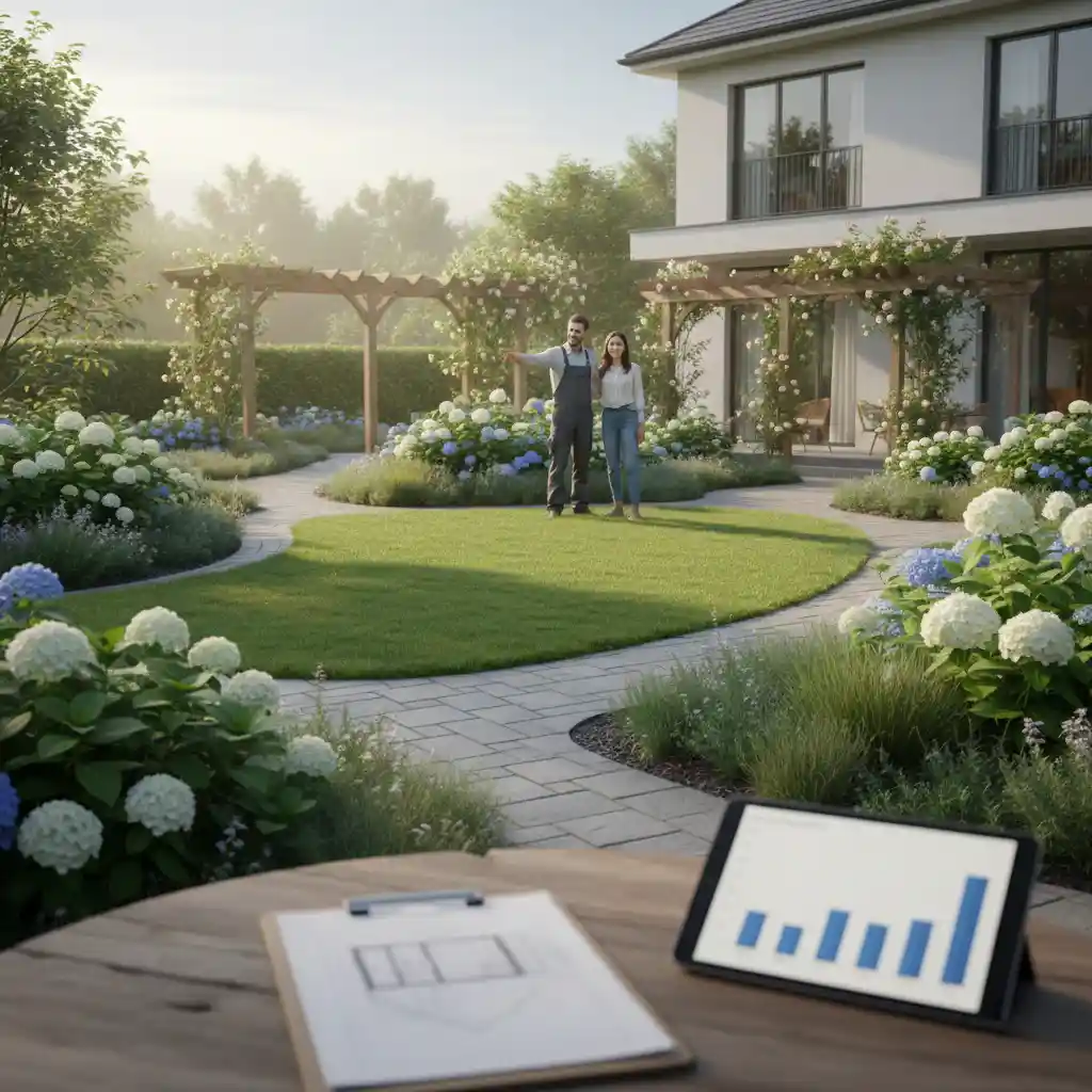 Landscape designer showing a garden plan to homeowners explaining how much does landscaping cost