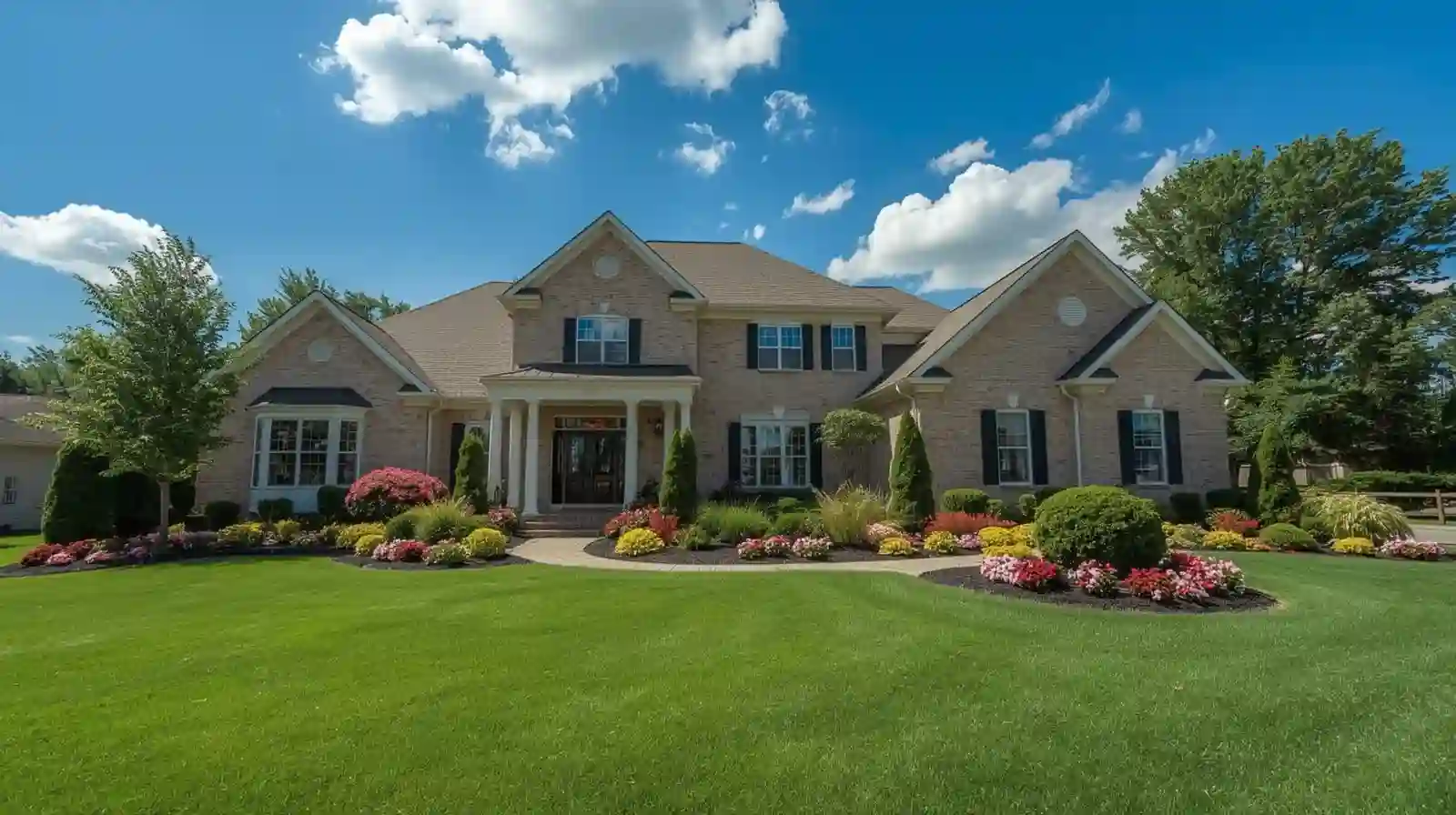 Beautiful front yard with lush lawn, flower beds, and shrubs showing how much does landscaping cost for a home
