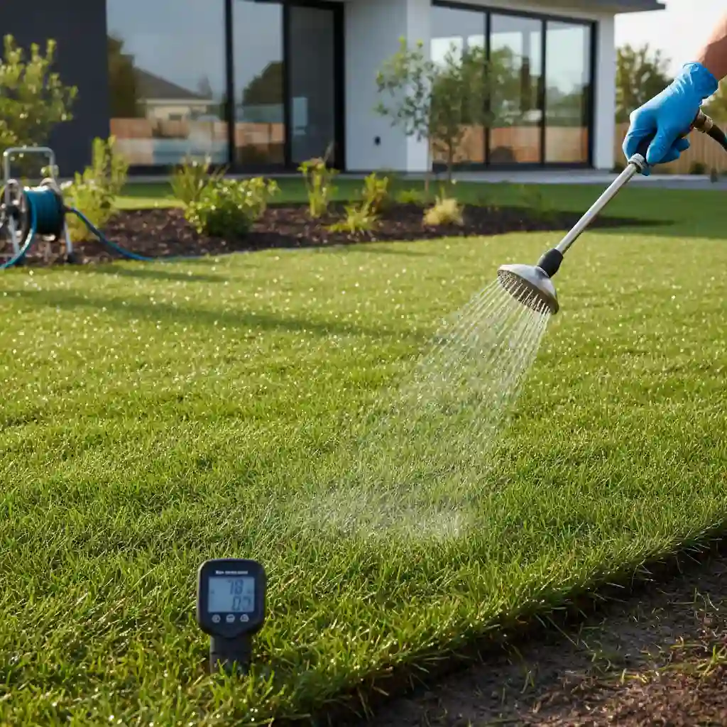 Watering new turf lawn with a sprinkler to show how much to water new turf properly