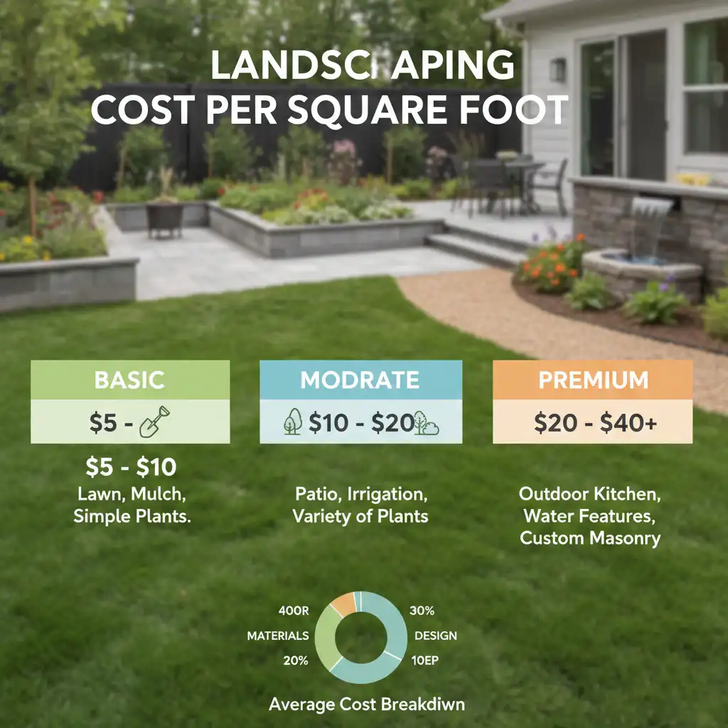 Infographic showing landscaping cost per square foot to estimate how much does landscaping cost