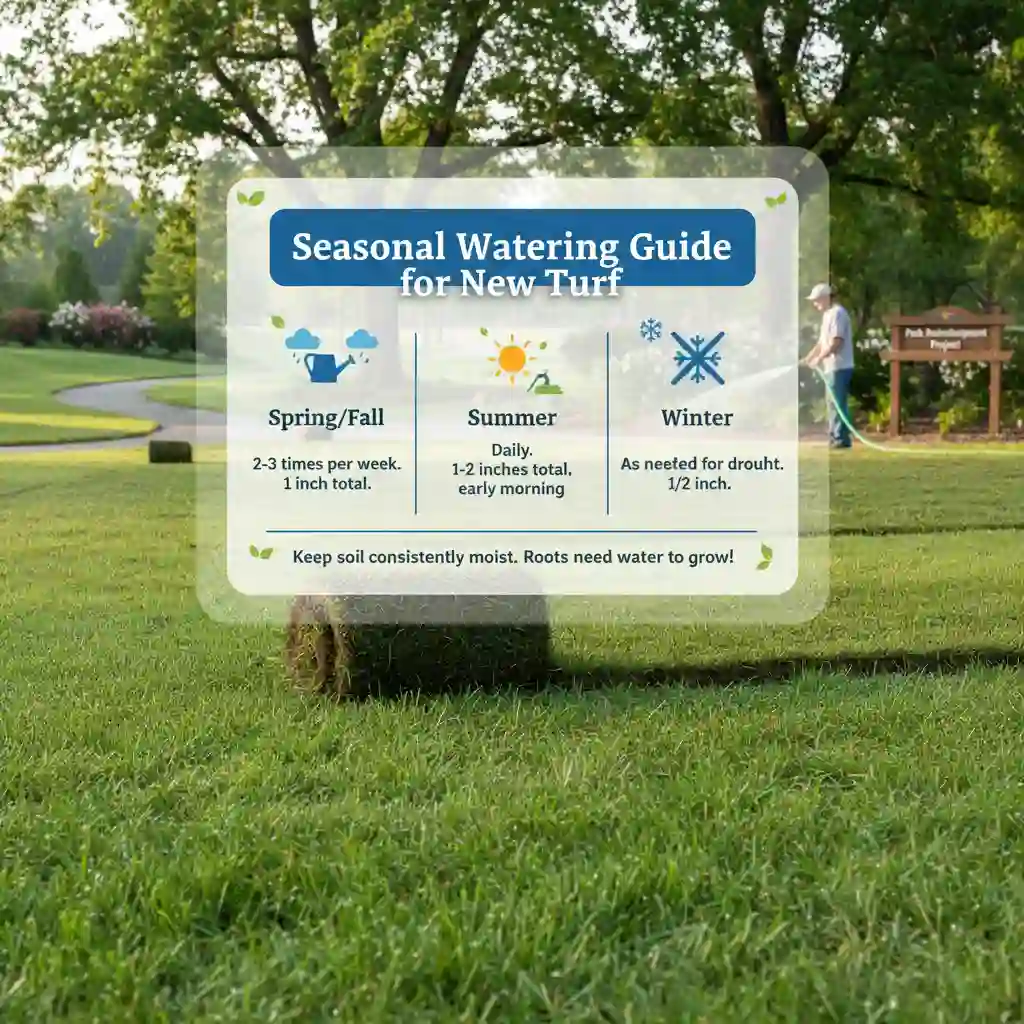 Seasonal watering guide showing how much to water new turf in summer, winter, and spring