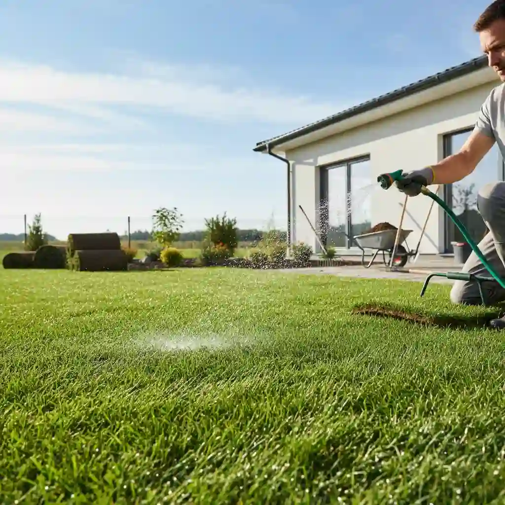 Homeowner watering new turf lawn with a garden hose to show how much to water new turf