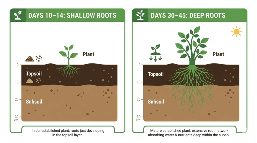 Infographic showing two sod rooting stages — shallow roots in topsoil at days 10–14 and deep roots reaching subsoil at days 30–45