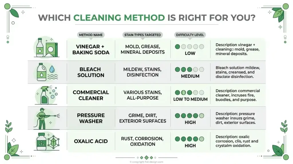 Infographic comparing 5 concrete patio cleaning methods vinegar and baking soda, bleach solution, commercial cleaner, pressure washer, and oxalic acid with stain types and difficulty levels.
