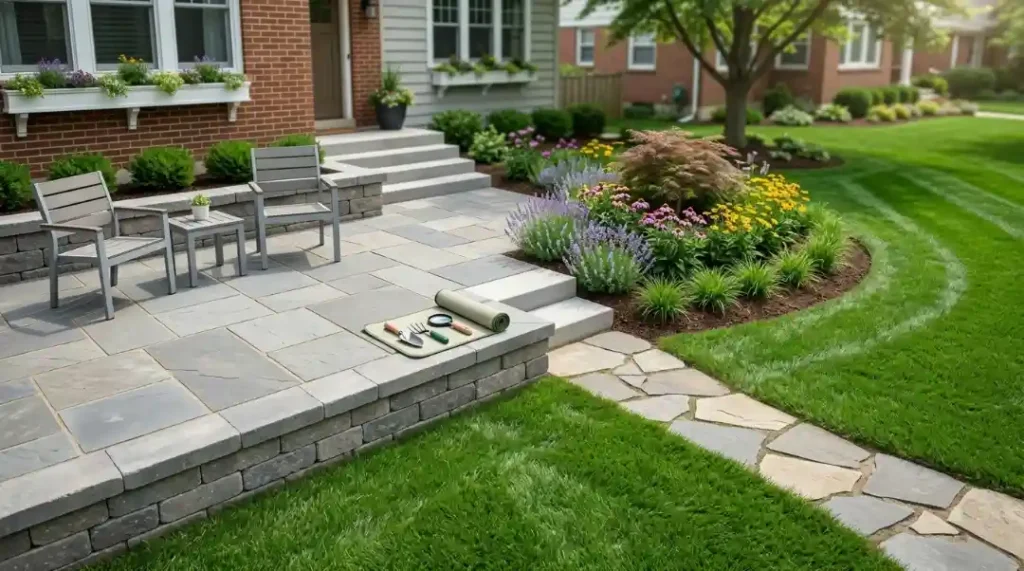 Front yard patio and stone walkway showing What is Hardscaping with clean pavers and garden edging.