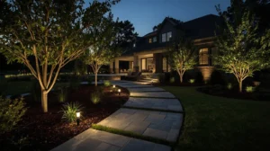 Low voltage landscape lighting illuminating a modern front yard walkway and garden at twilight with LED path lights and tree uplighting