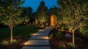How to install low voltage landscape lighting in a modern front yard with LED path lights, tree uplighting, and a clean, professional layout at dusk.