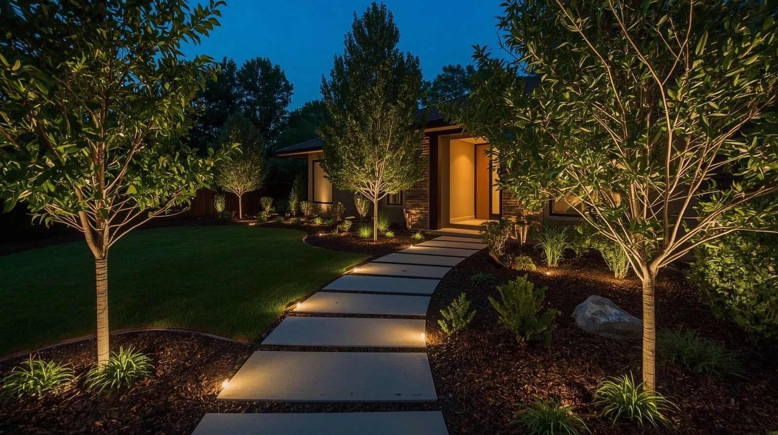 How to install low voltage landscape lighting in a modern front yard with LED path lights, tree uplighting, and a clean, professional layout at dusk.