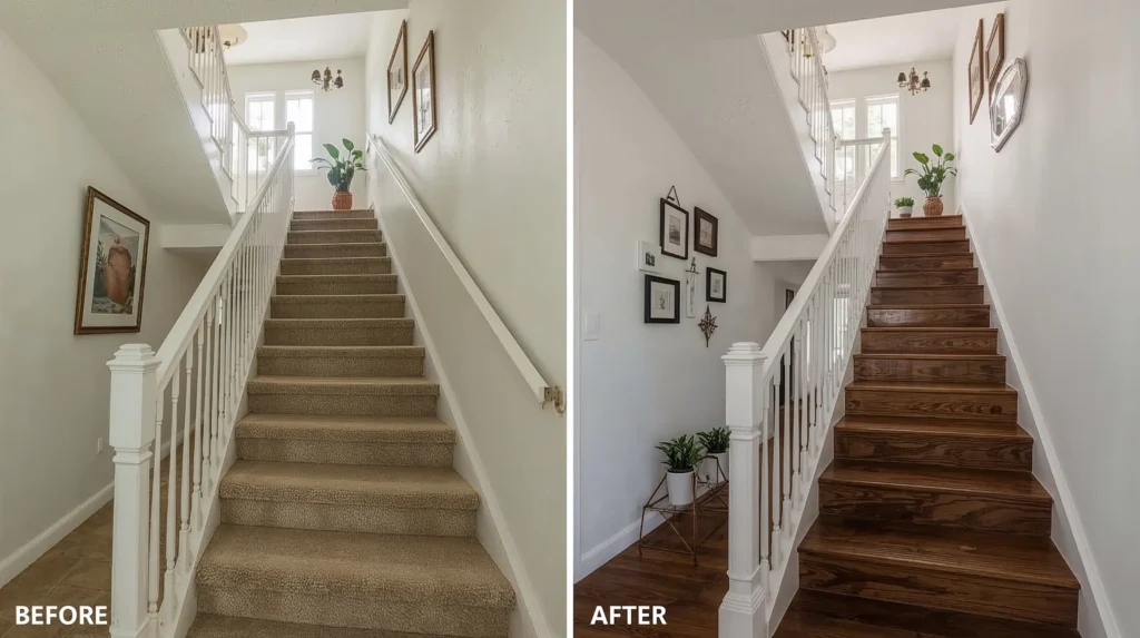 How to remodeling outdating stairs with a stylish transformation, showcasing a modern staircase makeover with fresh paint, updated treads, and sleek railings.
