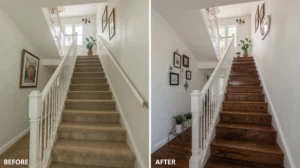 How to remodeling outdating stairs with a stylish transformation, showcasing a modern staircase makeover with fresh paint, updated treads, and sleek railings.
