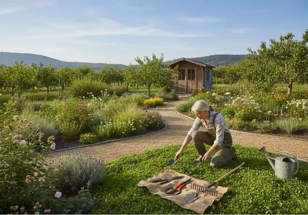Gardener caring for plants and tools in a garden showing what is landscape maintenance and routine yard care