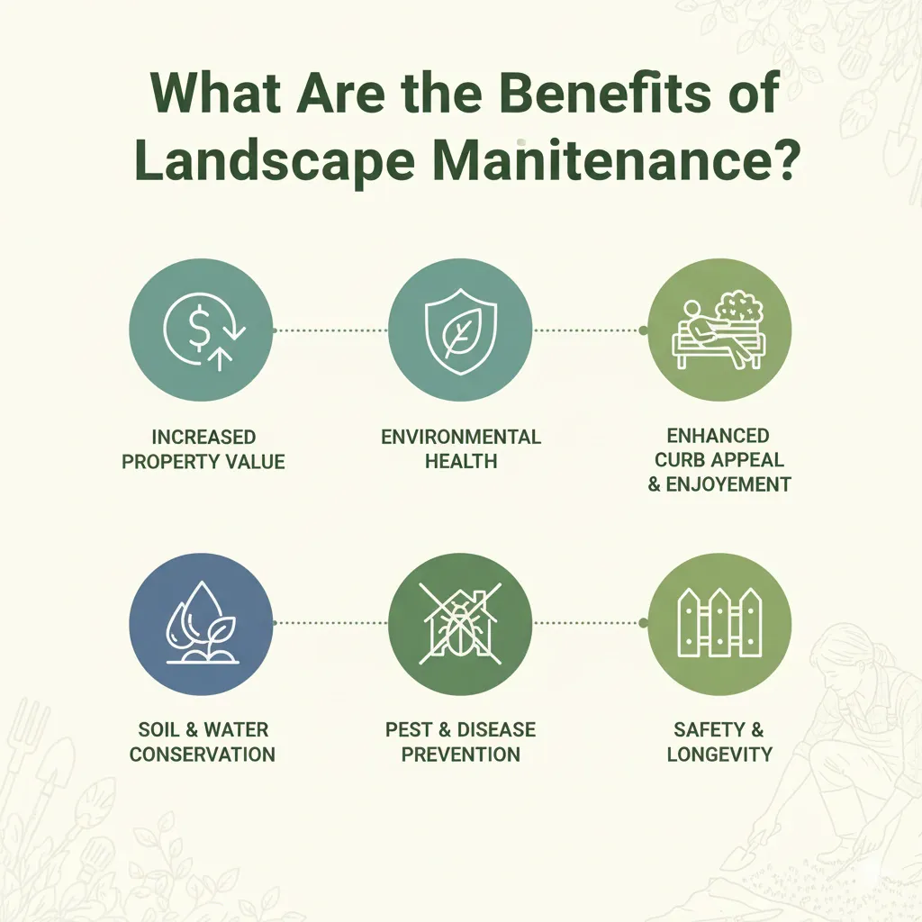 Infographic explaining benefits of landscape maintenance including property value, curb appeal, soil care, and pest prevention