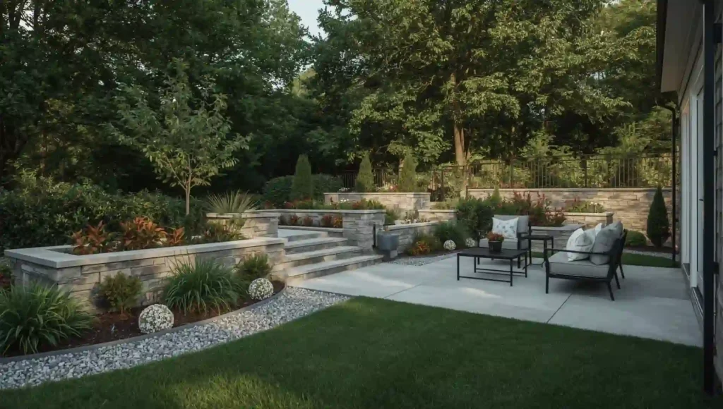 Modern backyard with stone patios, seating area, and garden walls showing What is Hardscaping in a real landscape.