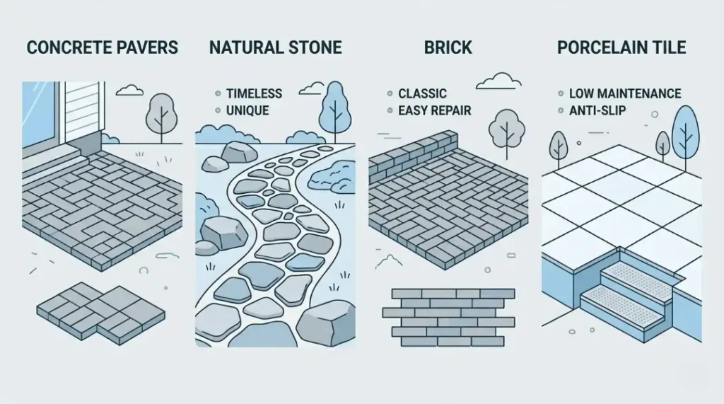 Comparison of hardscape materials showing What is Hardscaping with pavers, natural stone, brick, and porcelain tile.