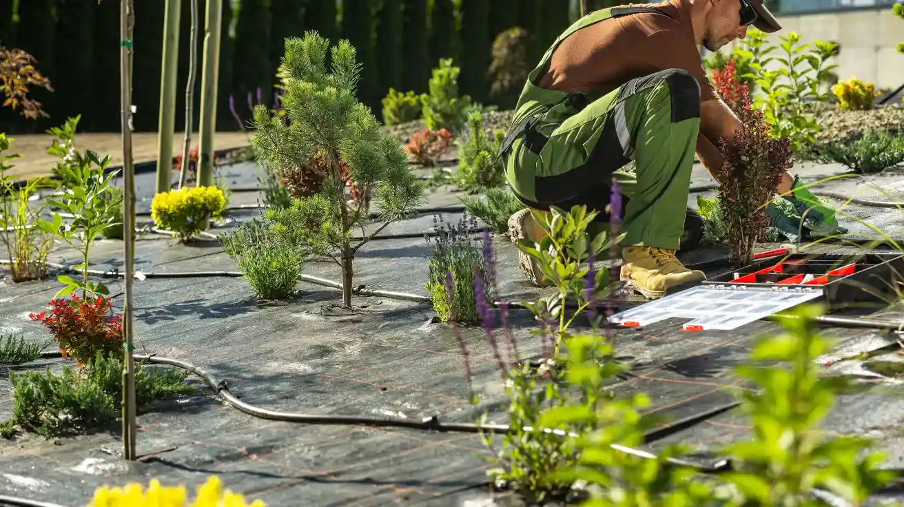 Professional landscaper planting shrubs and trees during a landscape horticulture project, using irrigation lines and design plans for a sustainable garden in Whittier, California.