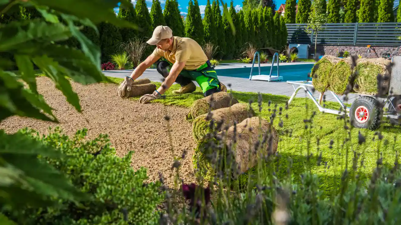 A professional landscaper installing fresh sod during a landscape installation project near a modern backyard pool area.