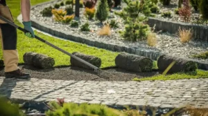 A landscaper leveling soil and preparing the ground for new sod installation in a well-designed garden area with plants and stone edging.