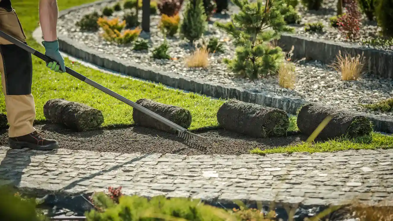 A landscaper leveling soil and preparing the ground for new sod installation in a well-designed garden area with plants and stone edging.