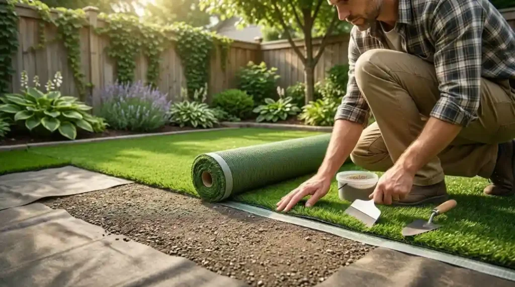 Man installing artificial turf on prepared base in backyard, showing how to install artificial turf step by step