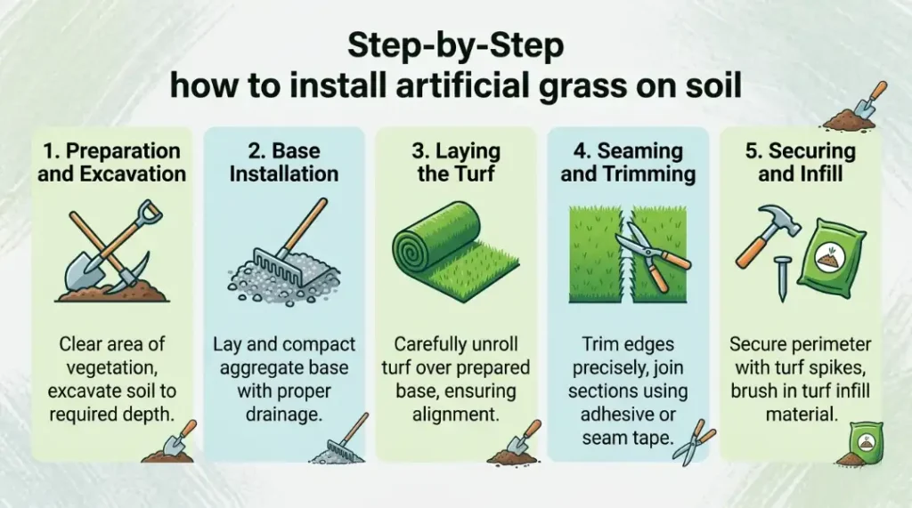 Step-by-step infographic on How to Install Artificial Turf on soil from preparation to infill