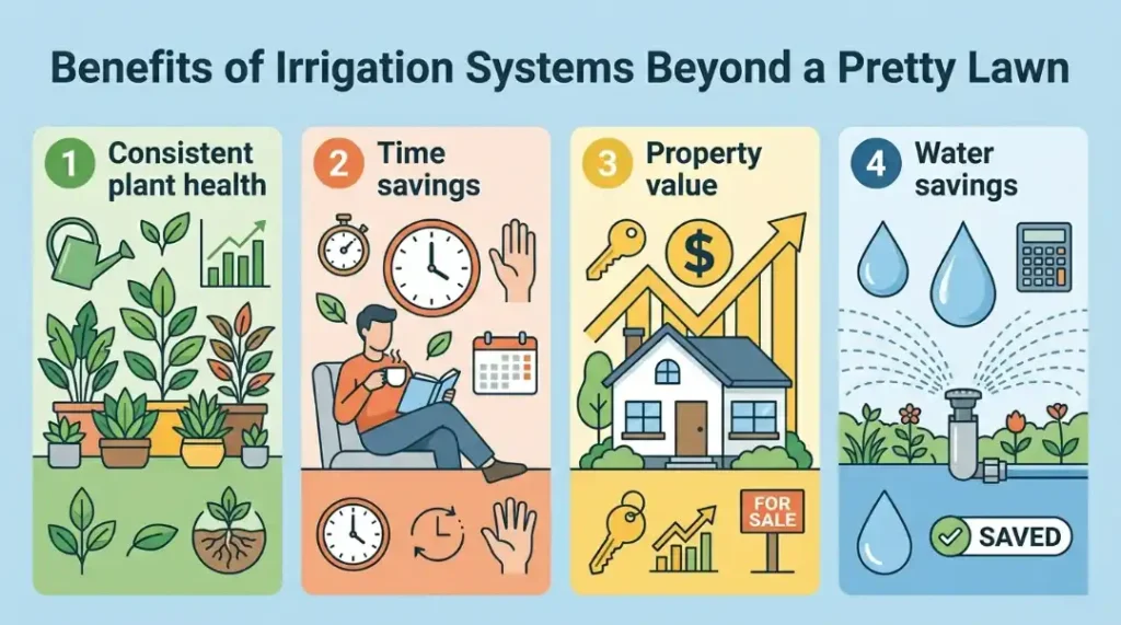 Four key benefits of what is an irrigation system: plant health, time savings, property value, and water savings