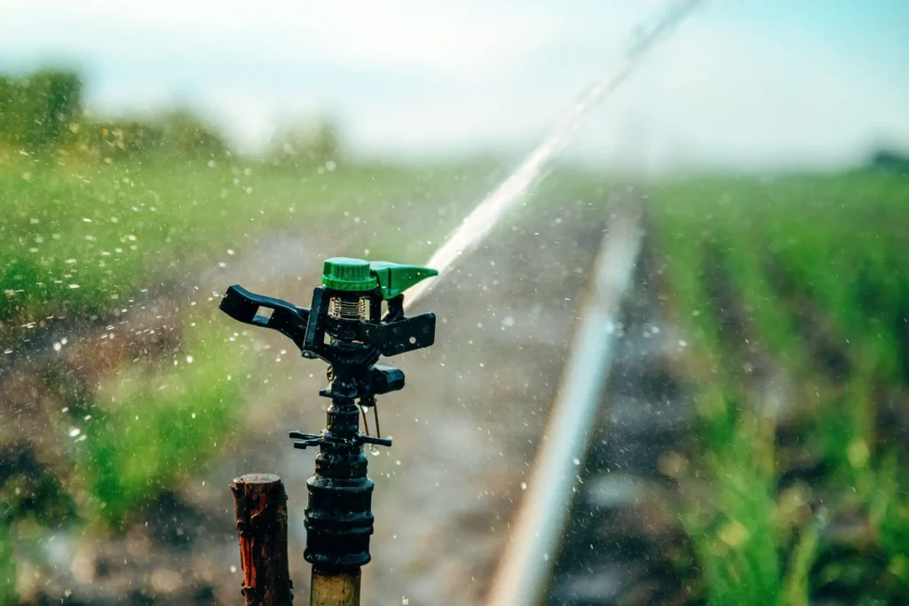What is a irrigation system shown by a field sprinkler delivering water to crops through controlled spray