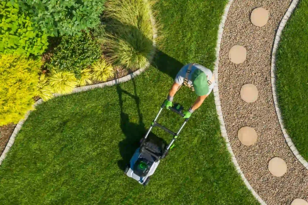 Top view of lawn mowing service on a landscaped yard, showing efficiency — How Much Does Lawn Mowing Cost