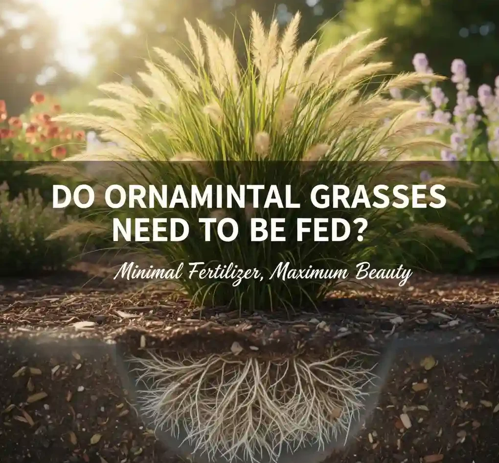 Ornamental grass clump with visible roots in soil cross-section in a sunny garden bed