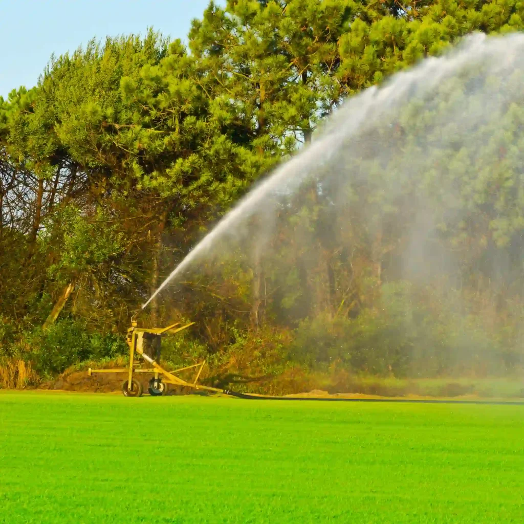 What is a irrigation system shown by a large sprinkler watering a green lawn near trees