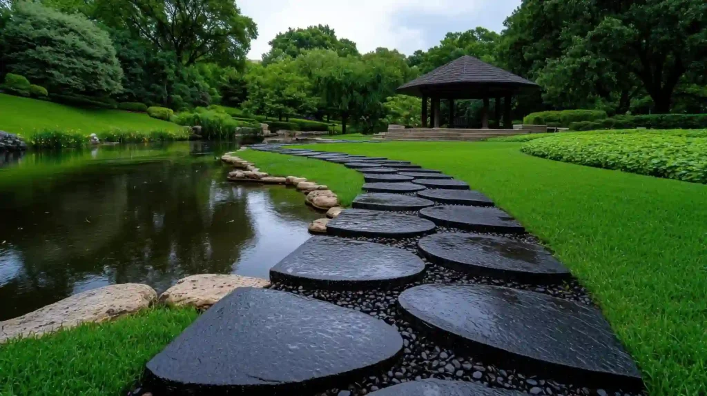 Stone stepping path beside pond and green lawn highlighting hardscape and landscape design contrast