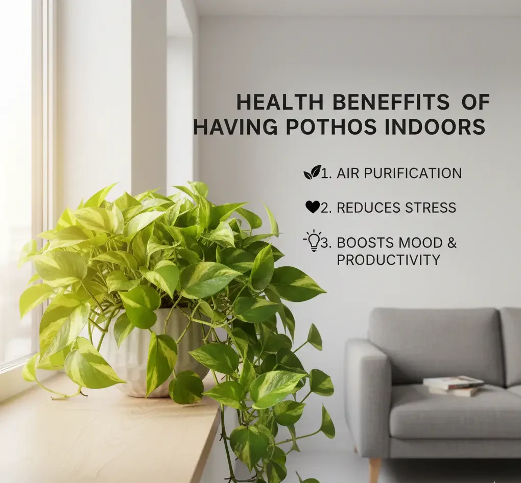 How to care for a pothos plant indoors while enjoying air purification and stress-reducing health benefits