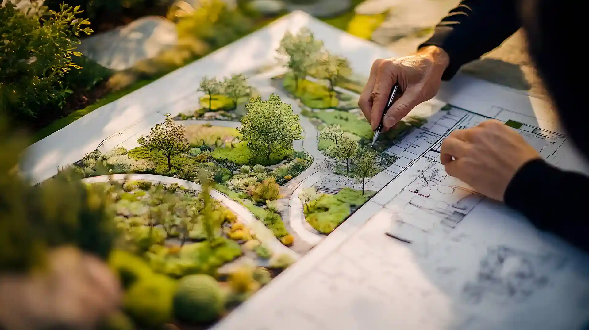 Landscape designer creating a detailed garden plan with plants, paths, and outdoor layout on paper