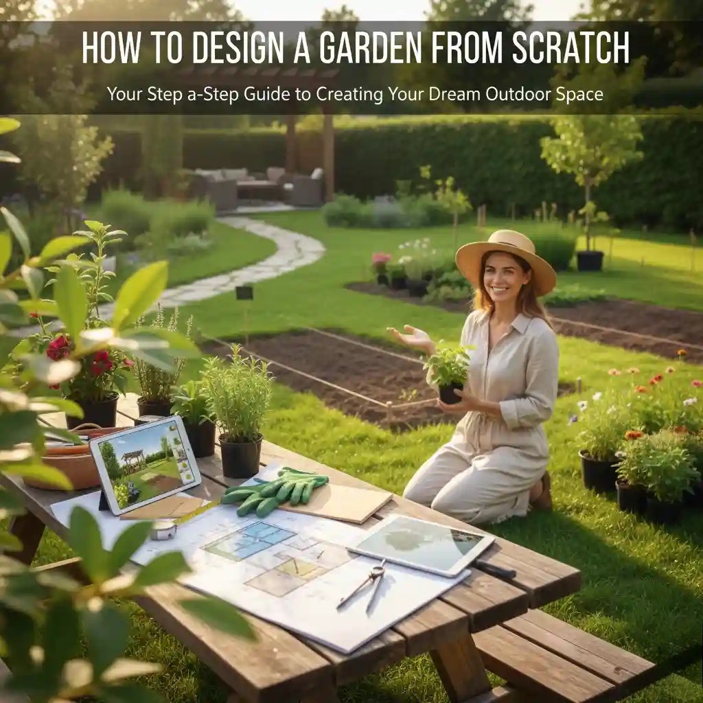 Homeowner planning how to design a garden from scratch with layout plans, plants, and tools outdoors
