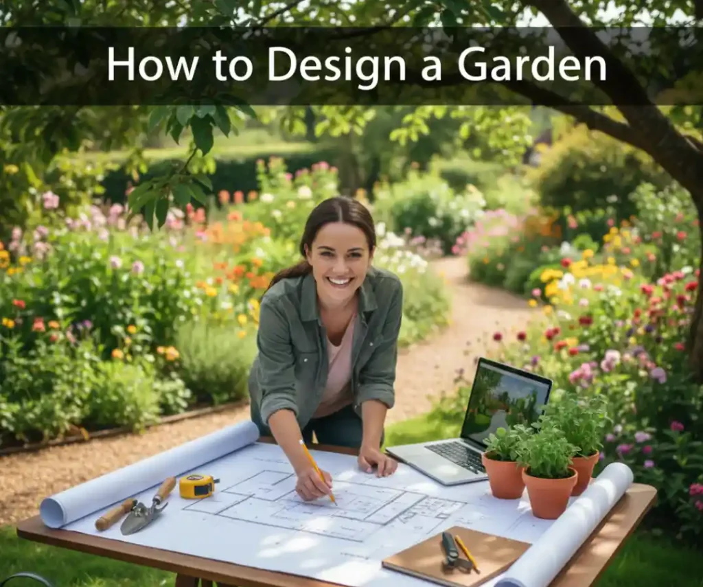 Woman planning how to design a garden using layout drawings, plants, and tools in a backyard setting
