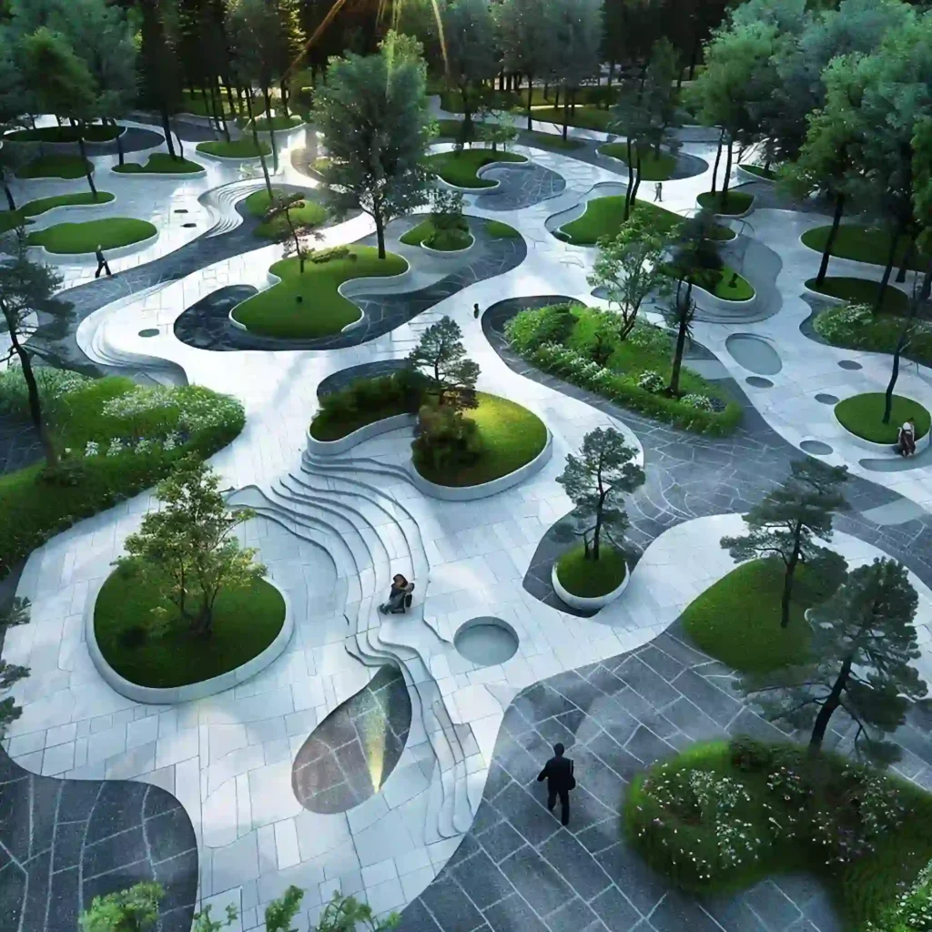 Curving modern park with sculpted paths, green islands, trees, and people walking through organic landscape design.