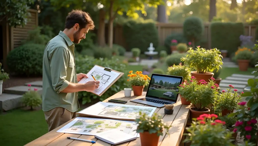 Landscape designer sketching garden plans on a clipboard beside a laptop and potted plants in a sunny backyard.
