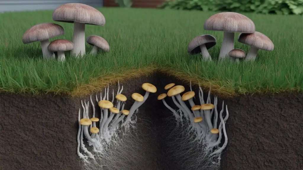 Soil cross section showing mushroom roots explaining how to get rid of mushrooms in yard permanently