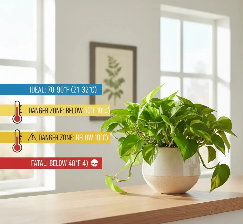 Pothos plant on table near window with temperature guide showing ideal and danger zones for growth