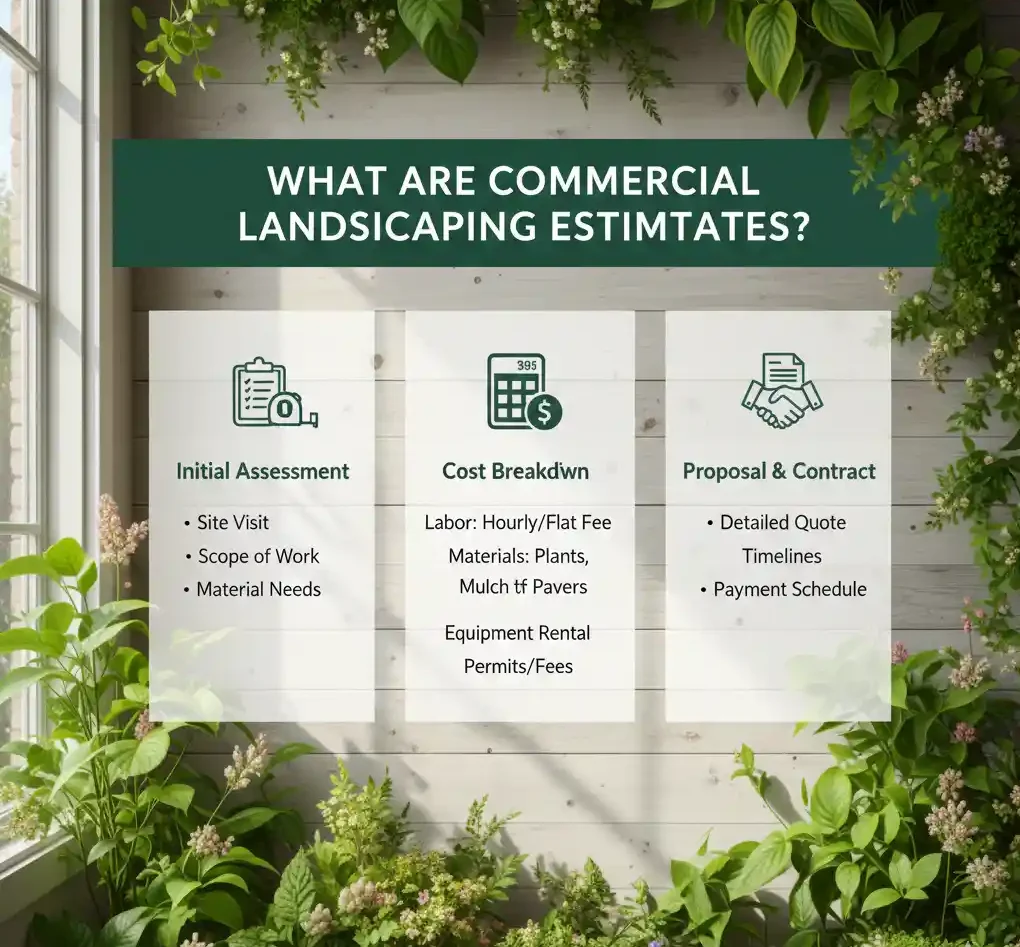 Infographic explaining commercial landscaping estimates with assessment, costs, and contract details