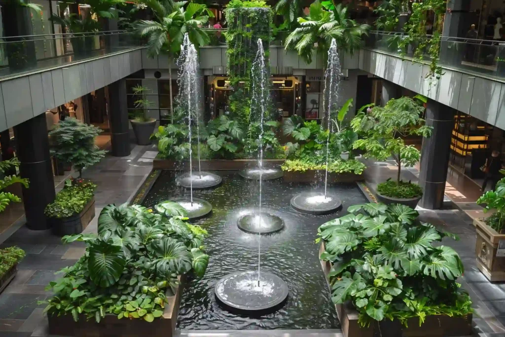 Indoor garden with water fountains, planters, and greenery showing hardscape structures and soft landscape elements