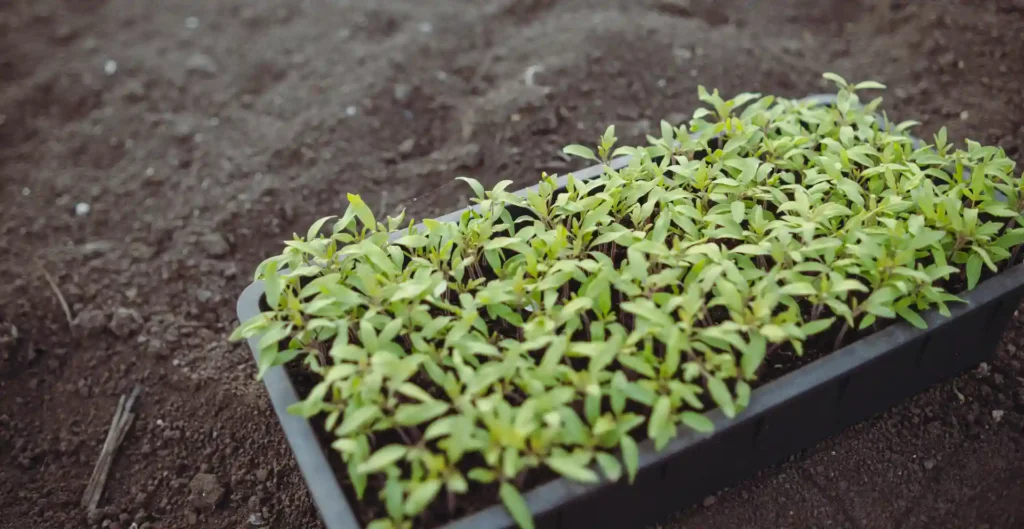 Young grass seedlings in a tray after seeding, showing results of how to overseed grass lawn successfully.
