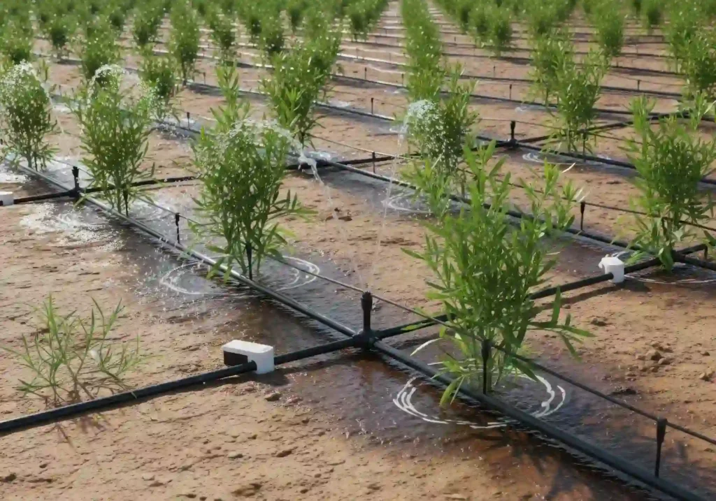 Drip lines watering crop rows in a field, showing what are drip irrigation systems for efficient farm irrigation