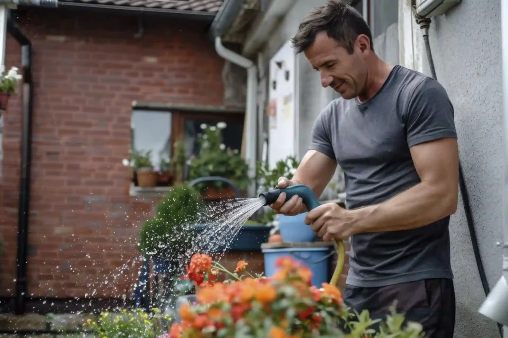 Man watering garden plants with a hose, showing what are drip irrigation systems for efficient home gardening