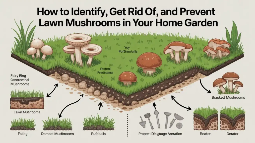 Diagram showing lawn mushroom types and how to get rid of mushrooms in yard safely