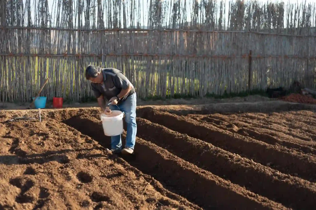 Man preparing soil beds with bucket before seeding, how to overseed grass lawn process in backyard.