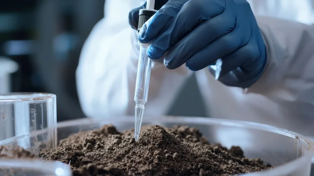 Lab technician testing soil with a pipette, showing How to Test Your Lawn Soil using professional methods