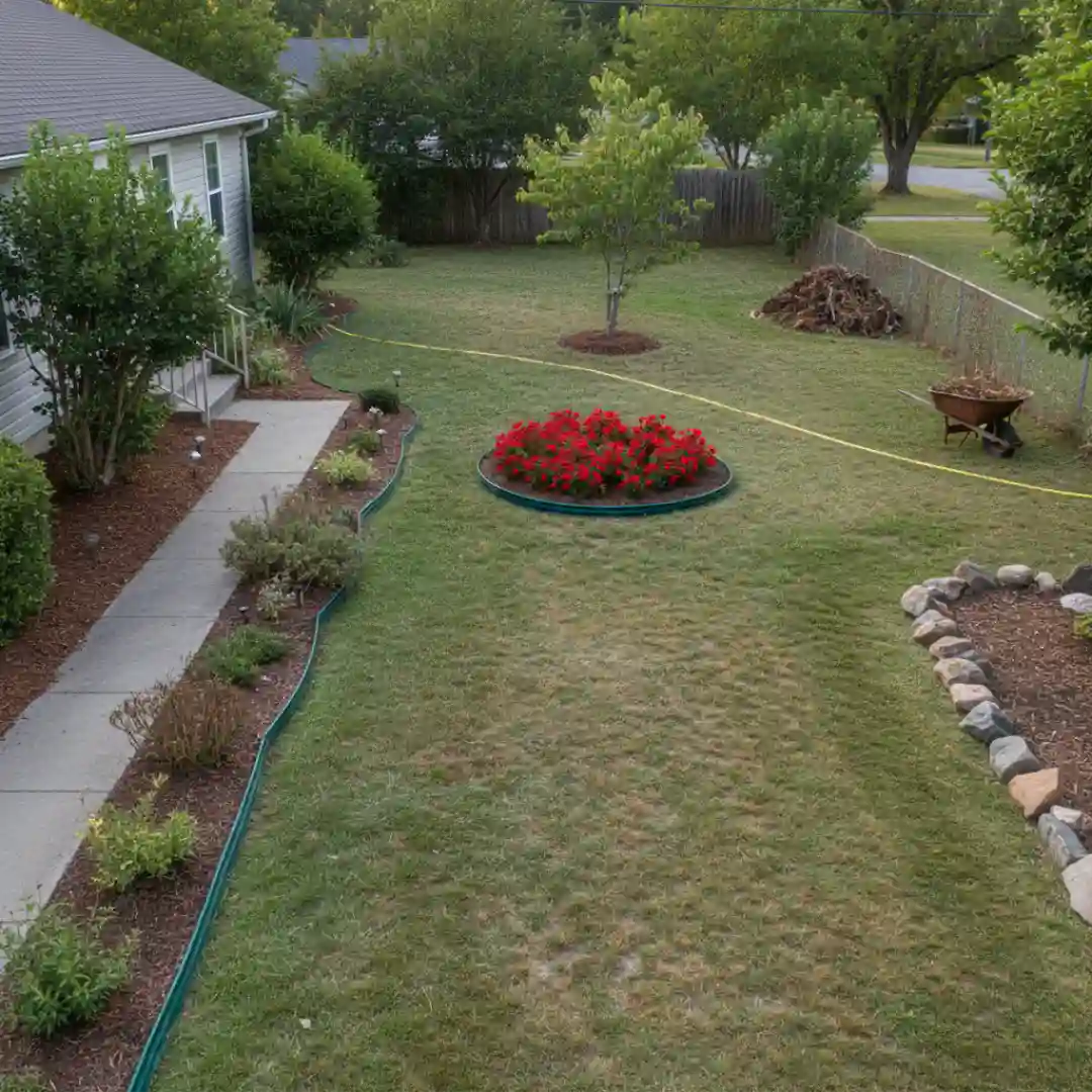 Backyard lawn with circular flower bed, curved borders, mulch beds, and landscaping layout in progress