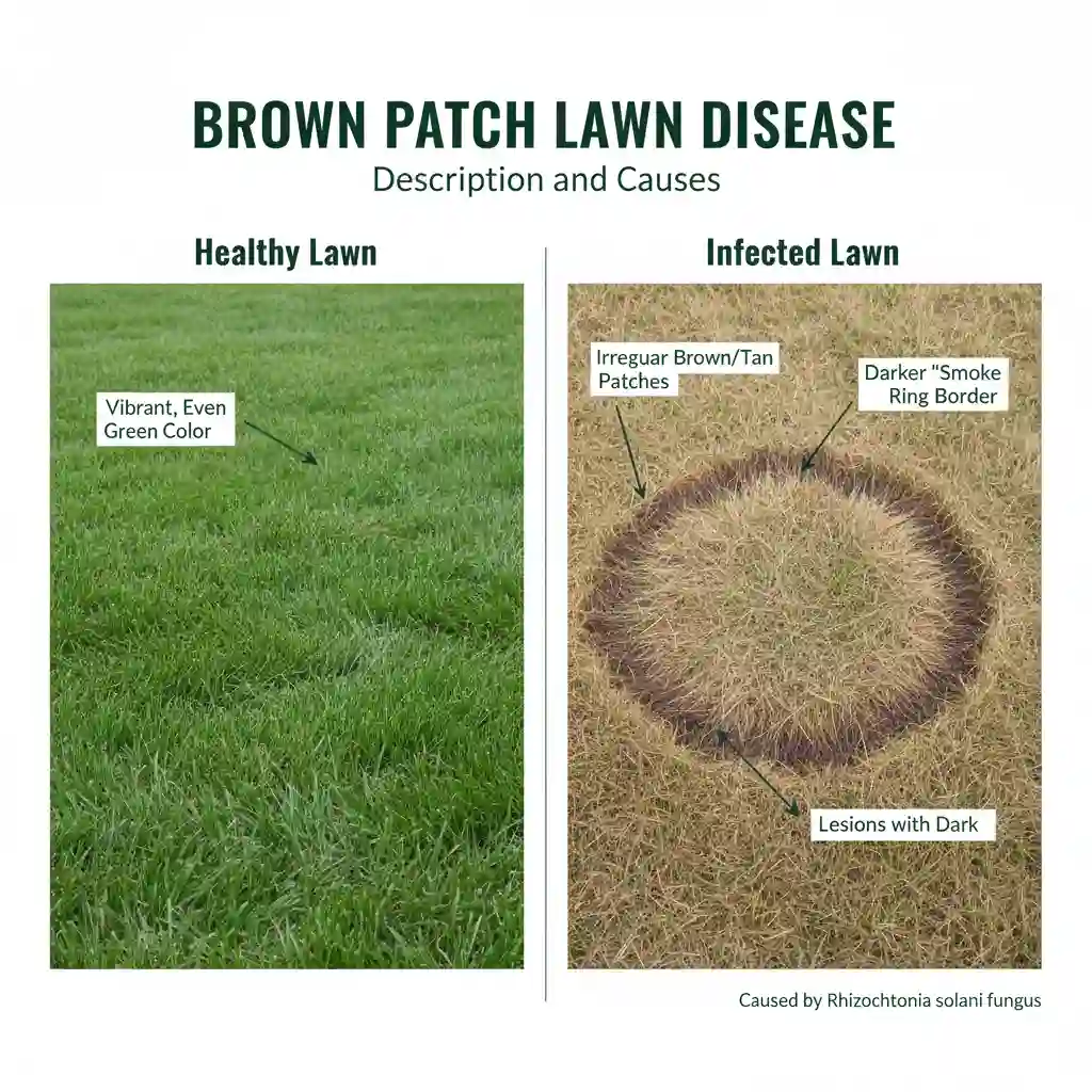 Healthy lawn vs infected lawn showing brown patch lawn disease and brown patches in grass caused by fungus
