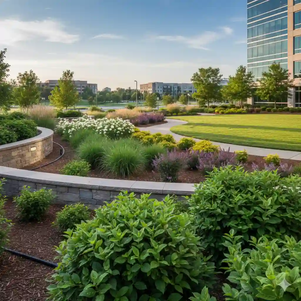 Modern office park landscape showing what is commercial landscaping with walkways, lawns, and professional plant design