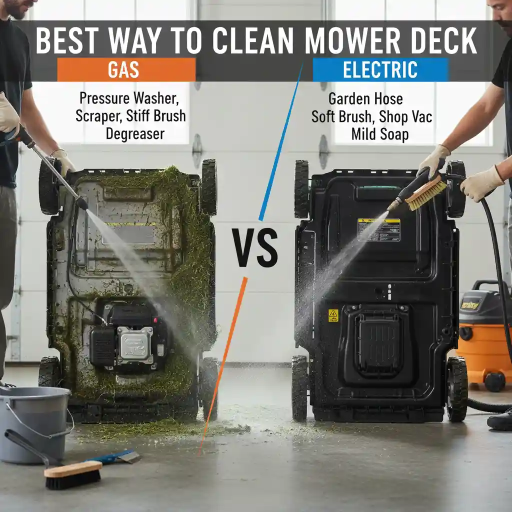 How to clean lawn mower deck for gas vs electric mowers using safe tools and proper cleaning methods
